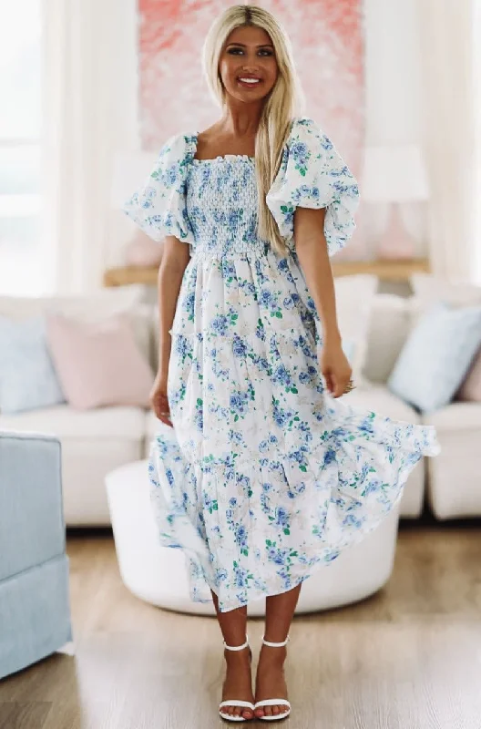 Women's Fashion-Forward Apparel Sunday Morning Floral Midi Dress - Blue and White