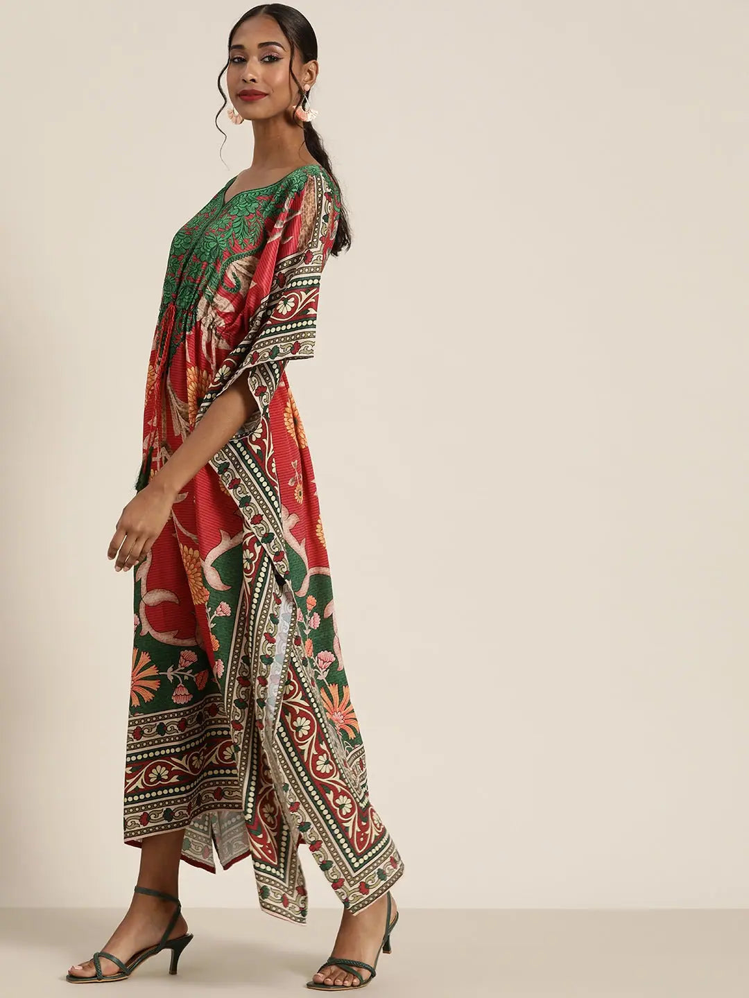 Women's Outfit Women Red & Green Floral Kaftan Dress