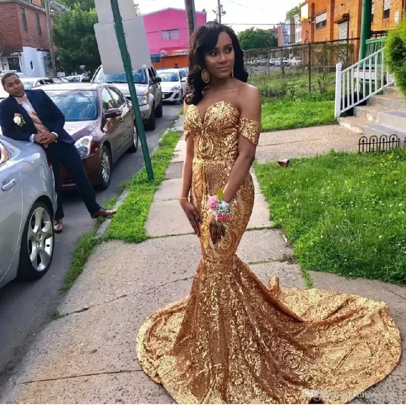 Women's Sports Apparel Sexy Off Shoulder Gold Sequin Mermaid Prom Dresses Long for Black Girls Plus Size African Party Evening Gown for Wedding