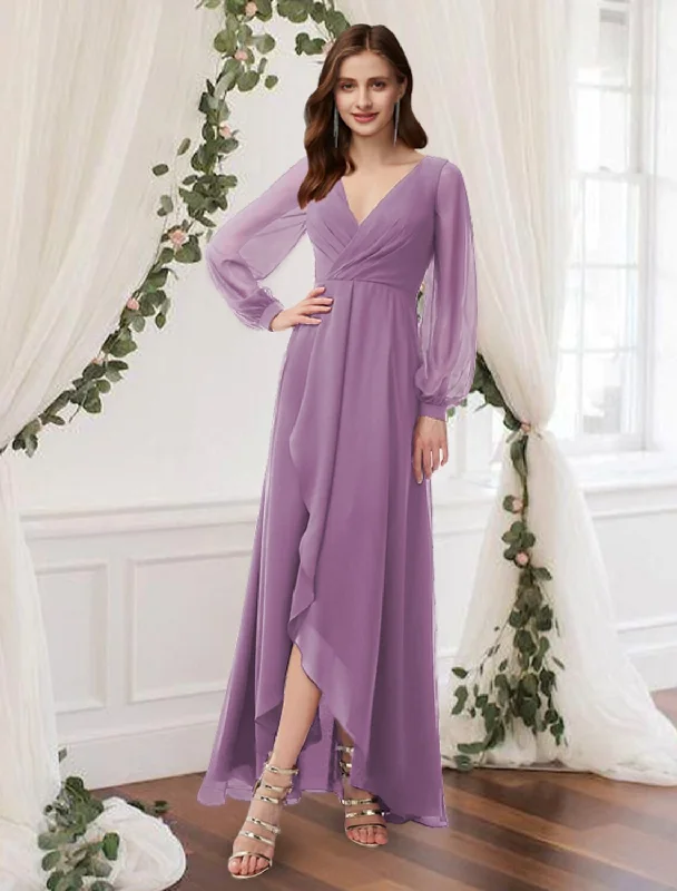 Comfortable Lounge Clothing A-Line Prom Dresses Empire Dress Wedding Guest Ankle Length Long Sleeve V Neck Chiffon with Pleats