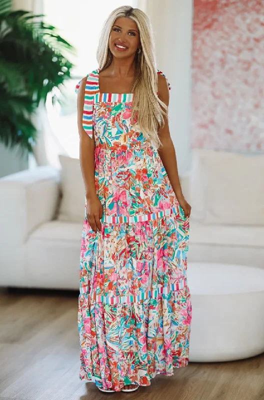 Comfortable Women's Clothes Color Burst Floral Maxi Dress - Pink