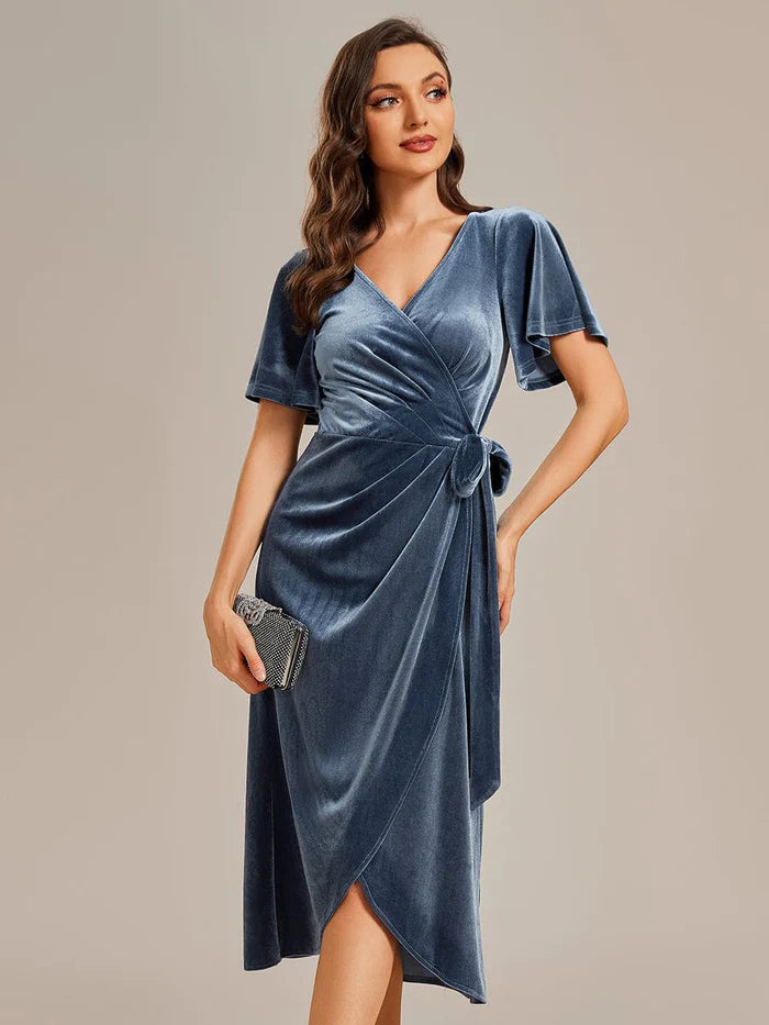 Women's Athletic Outfit Charming Flutter Sleeves V-Neck Velvet Wedding Guest Dress