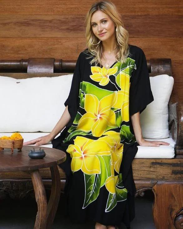 Women's Clothes For Outdoor Events SHU-SHI Women's Handpainted Floral Kaftan Dress - Loose Maxi Beach Cover-Up, Plus Size Caftan