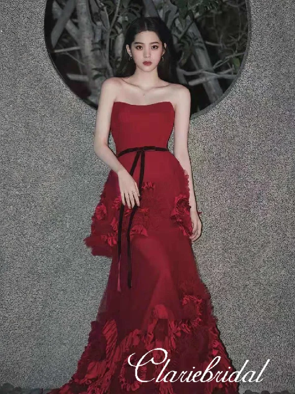 Fashion-Forward Women's Clothing Strapless Red Tulle Prom Dresses, Floral Prom Dresses, Chic Long Prom Dresses, 2020 Prom Dresses