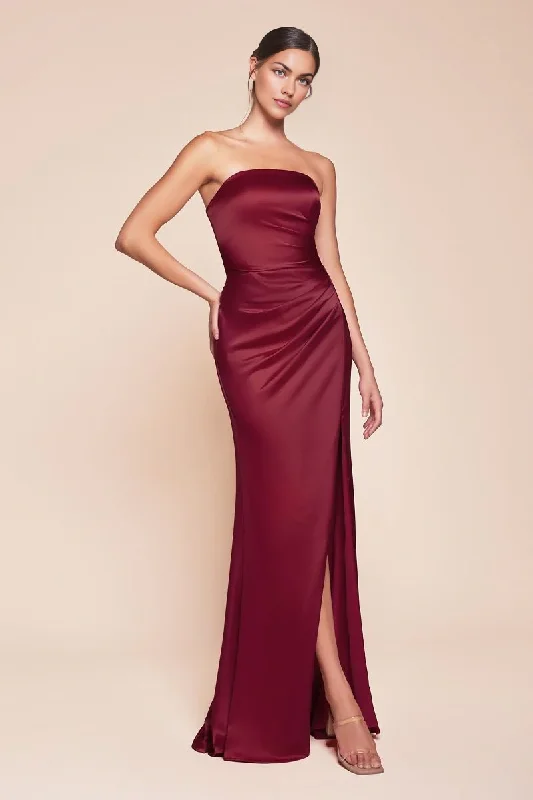 Women's Trendy Garments Prom Dress Luxe Satin Gown Strapless Form Fitting Bodice Lace-Up Corset Strapless Straight Neckline Gathered Waistline Leg Slit Dress Has Simple Formal November December Autumn Winter Wedding Guest Dress