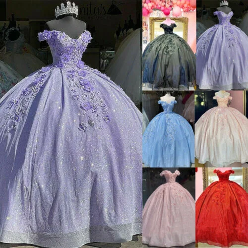 Women's Work Outfit 2025 Off the Shoulder Lavender Sweet 16 Sequin 3d Floral Quinceanera Dresses