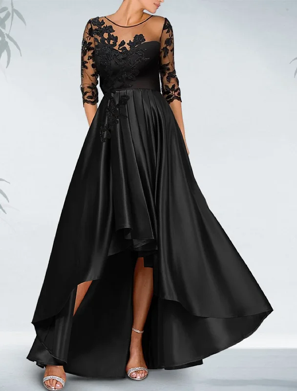 Women's Elegant Clothes Sheath / Column Cocktail Black Dress Plus Size Luxurious Dress Formal Wedding Guest Asymmetrical 3/4 Length Sleeve Off Shoulder Pocket Satin with Beading Appliques