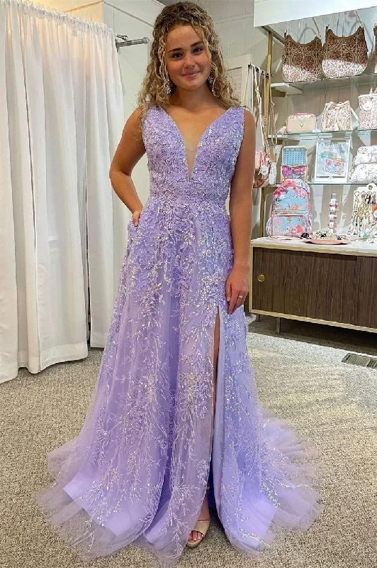 Women's Plus-Size Clothes Lavender Floral Lace Plunge Neck A-Line Prom Dress