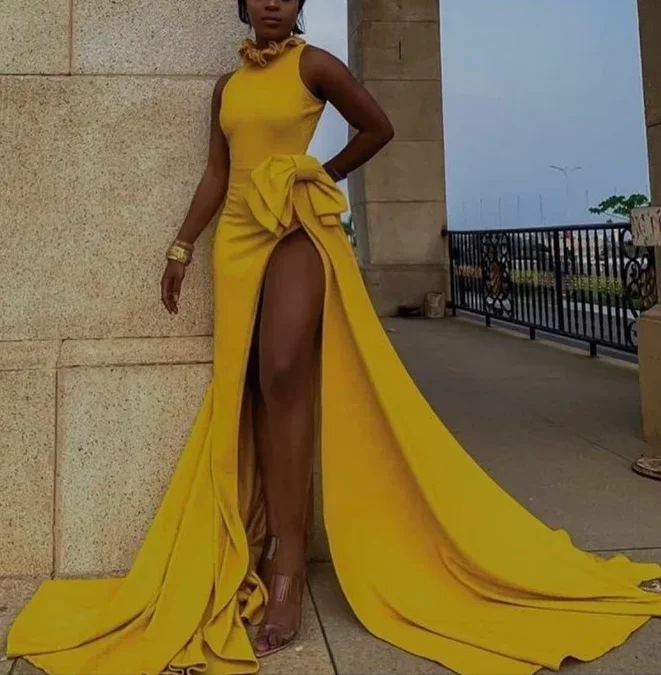 Women's Evening Wear Outfit Long Yellow Prom dress with leg split, Evening dresses,wedding reception dress,african prom dress     S927