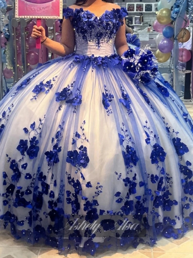 Timeless Women's Clothing Princess Royal Blue Vestidos De 15 Quinceanera Dresses 3D Floral Crystals