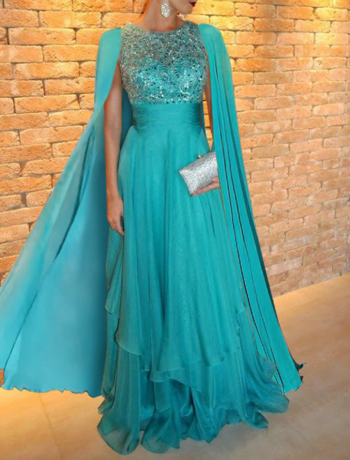 Stylish Outerwear Clothes For Women Wedding Guest Wedding Party Floor Length Short Sleeve Jewel Neck Capes Chiffon with Shawl Evening Gown Elegant Dress