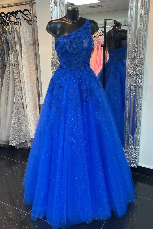 Affordable Women's Clothing Royal Blue Tulle One-Shoulder 3D Floral Embroidered Prom Dress