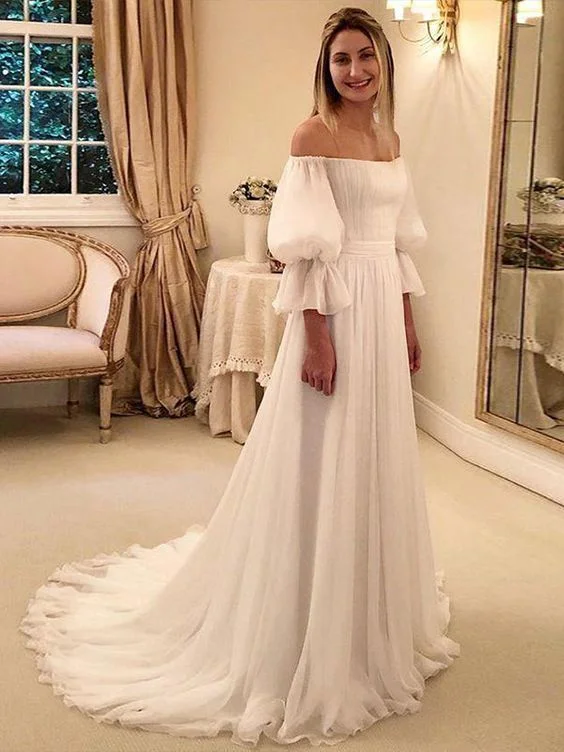 Women's Seasonal Clothes A-Line/Princess Chiffon Ruffles Off-the-Shoulder 3/4 Sleeves Sweep/Brush Train Wedding Dresses      S1945