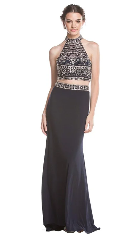 Women's Evening Clothing Trevi Collection - Two Piece Beaded High Halter Evening Gown