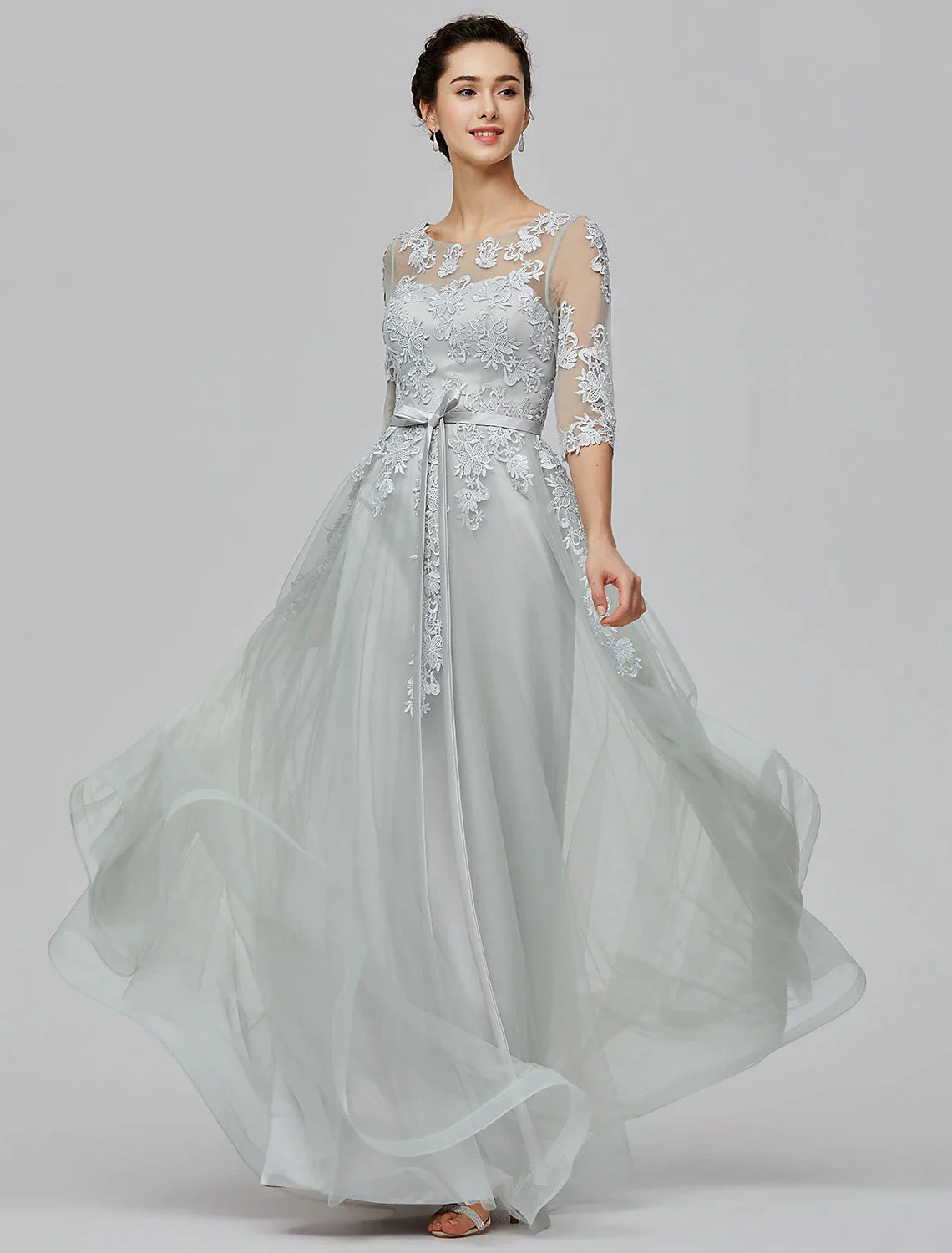 Women's Party Clothes A-Line Empire Dress Wedding Guest Floor Length Half Sleeve Illusion Neck Tulle with Bow(s) Appliques