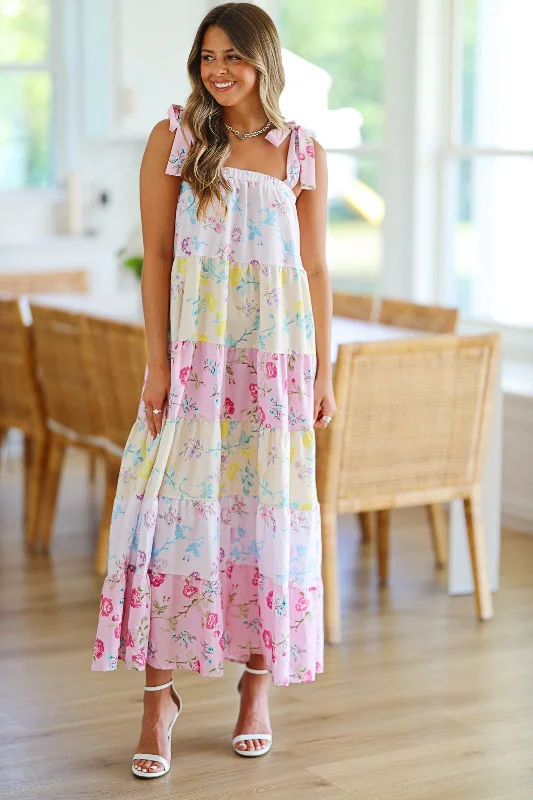 Women's Holiday Clothes Floral Color Block Maxi - Pink Multi