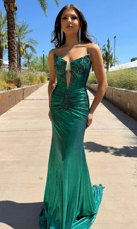 Women's Formal Event Attire Portia and Scarlett PS25320 - Plunging Neck Beaded Applique Prom Gown