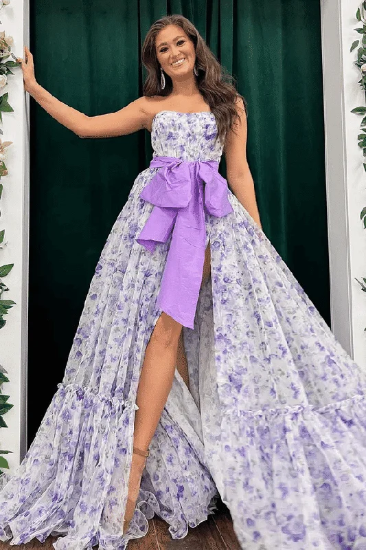 Stylish Women's Apparel Elegant Floral A-Line Printing Strapless Long Prom Formal Dress with Bow