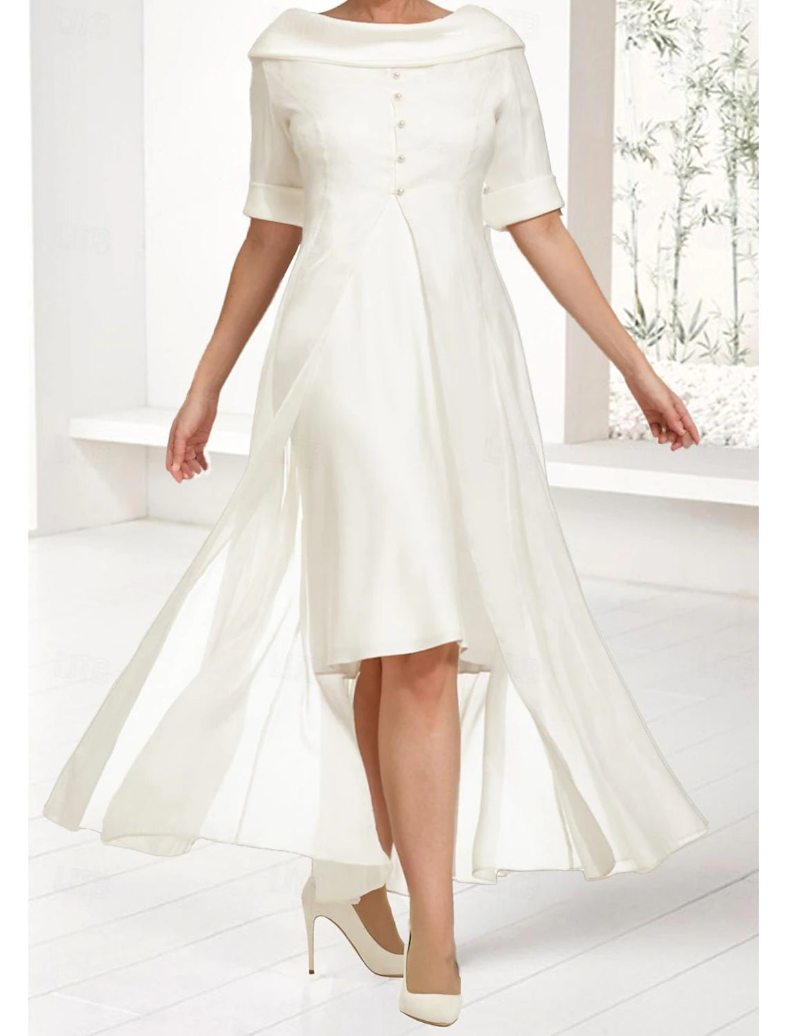 Comfortable Garments For Women Two Piece Wedding Guest Elegant Off Shoulder Knee Length Chiffon Half Sleeve Wrap Included with Buttons Solid Color Mother of the Bride Dress