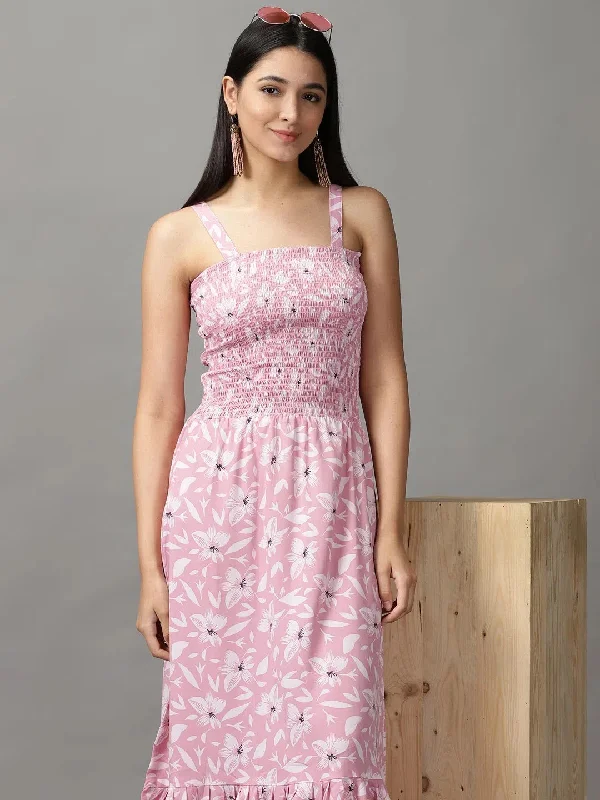 Women's Weekend Outfit Women's Pink Floral Fit and Flare Dress-AE-15674-Pink