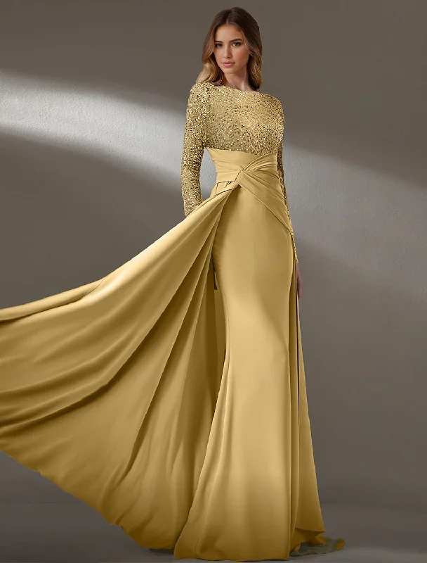 Casual Outfit For Women Evening Dress Sheath / Column Gown Formal Christmas Floor Length Long Sleeve Jewel Neck Pocket Silk with Sequin Elegant Fall November December Wedding Guest Dress