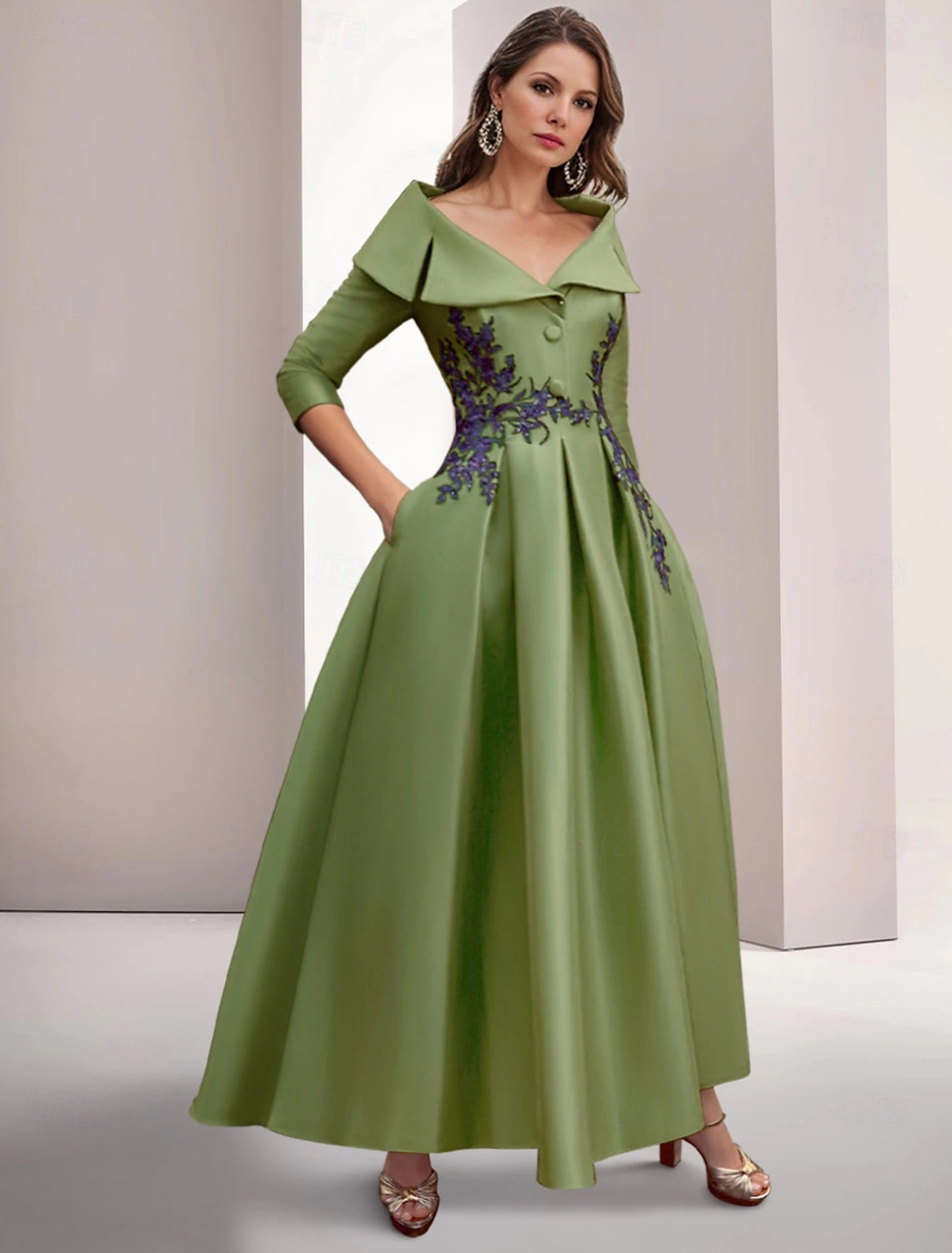 Women's Urban Clothing Evening Dress A-Line Gown Embroidered Vintage Christmas Dress Formal Floor Length 3/4 Length Sleeve Shirt Collar Satin Appliques Elegant Fall November December Wedding Guest Dress