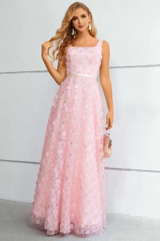 Women's Trendy Clothes Pink 3D Floral Lace Square Neck A-Line Prom Dress