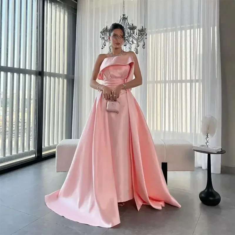 Women's Professional Garments Pink Strapless Prom Dresses Sleeveless Pleated Floor Length Women Evening Gowns Saudi Arabia Wedding Party Dresses