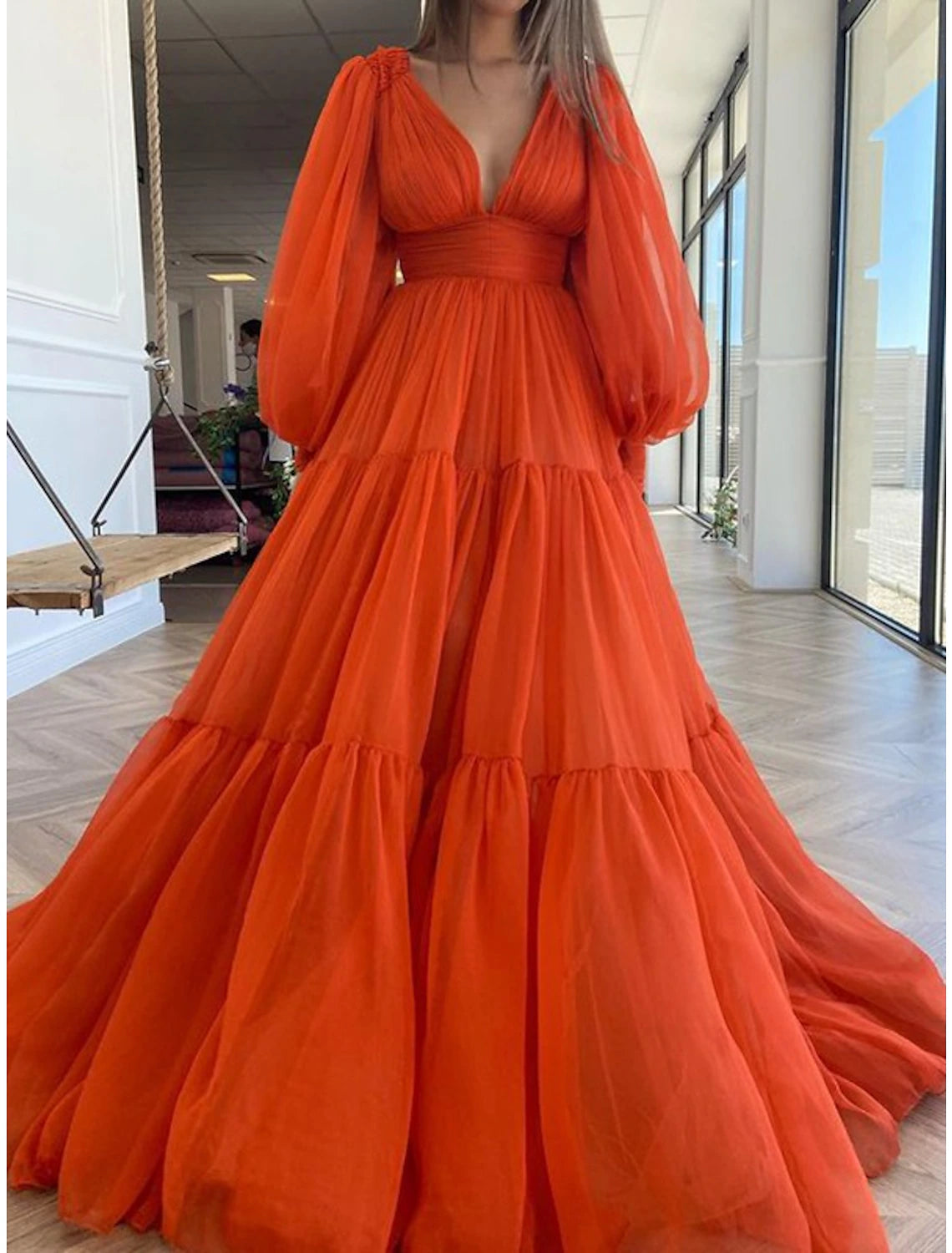 Women's Fashion-Forward Apparel A-Line Evening Gown Elegant Dress Christmas Red Green Dress Formal Wedding Guest Floor Length Long Sleeve V Neck Chiffon with Ruched