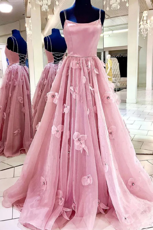 Women's Clothing For Casual Outings Pink Spaghetti Straps A-Line 3D Floral Tulle Long Formal Prom Dress