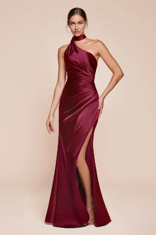 Women's Athletic Garments Prom Dress Fitted Luxe Satin Gown One Shoulder Halter Neckline Gathered Waistline Leg Slit Elegant Simple Formal November December Autumn Winter Wedding Guest Dress