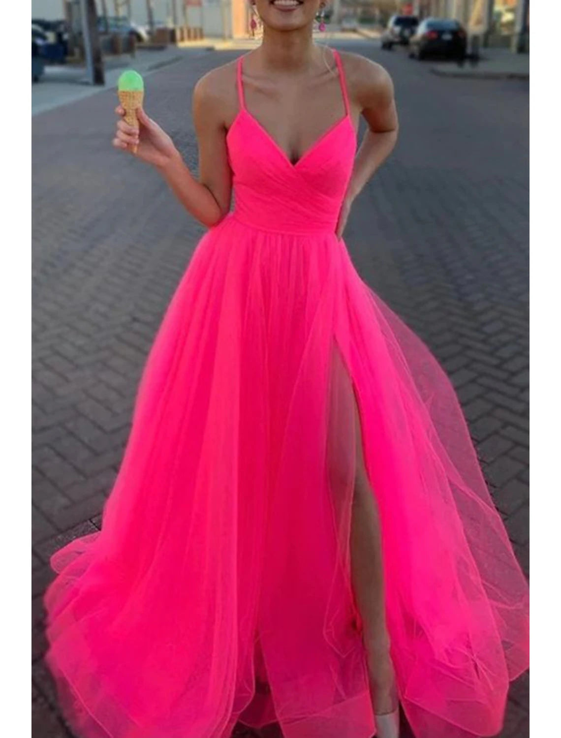 Women's Romantic Outfit A-Line Prom Dresses Sexy Dress Wedding Party Birthday Court Train Sleeveless Spaghetti Strap Organza with Slit