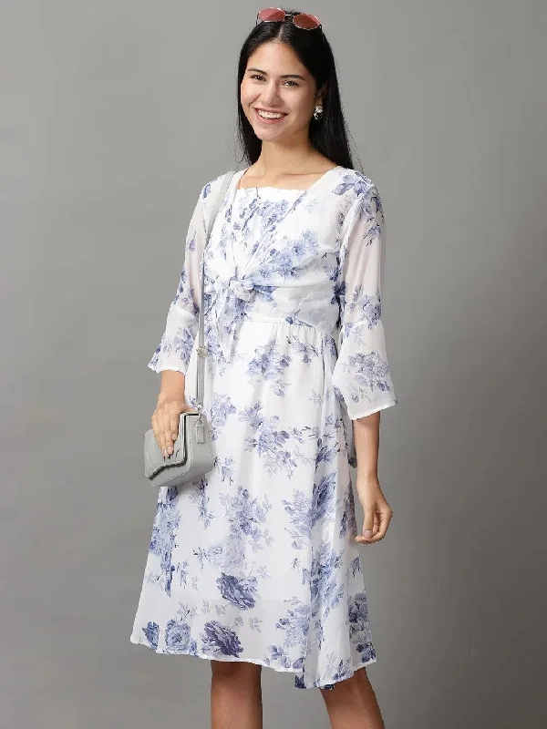 Women's Cozy Outfit For Lounging Women's White Floral Fit and Flare Dress-EA-1001-Whiteblue