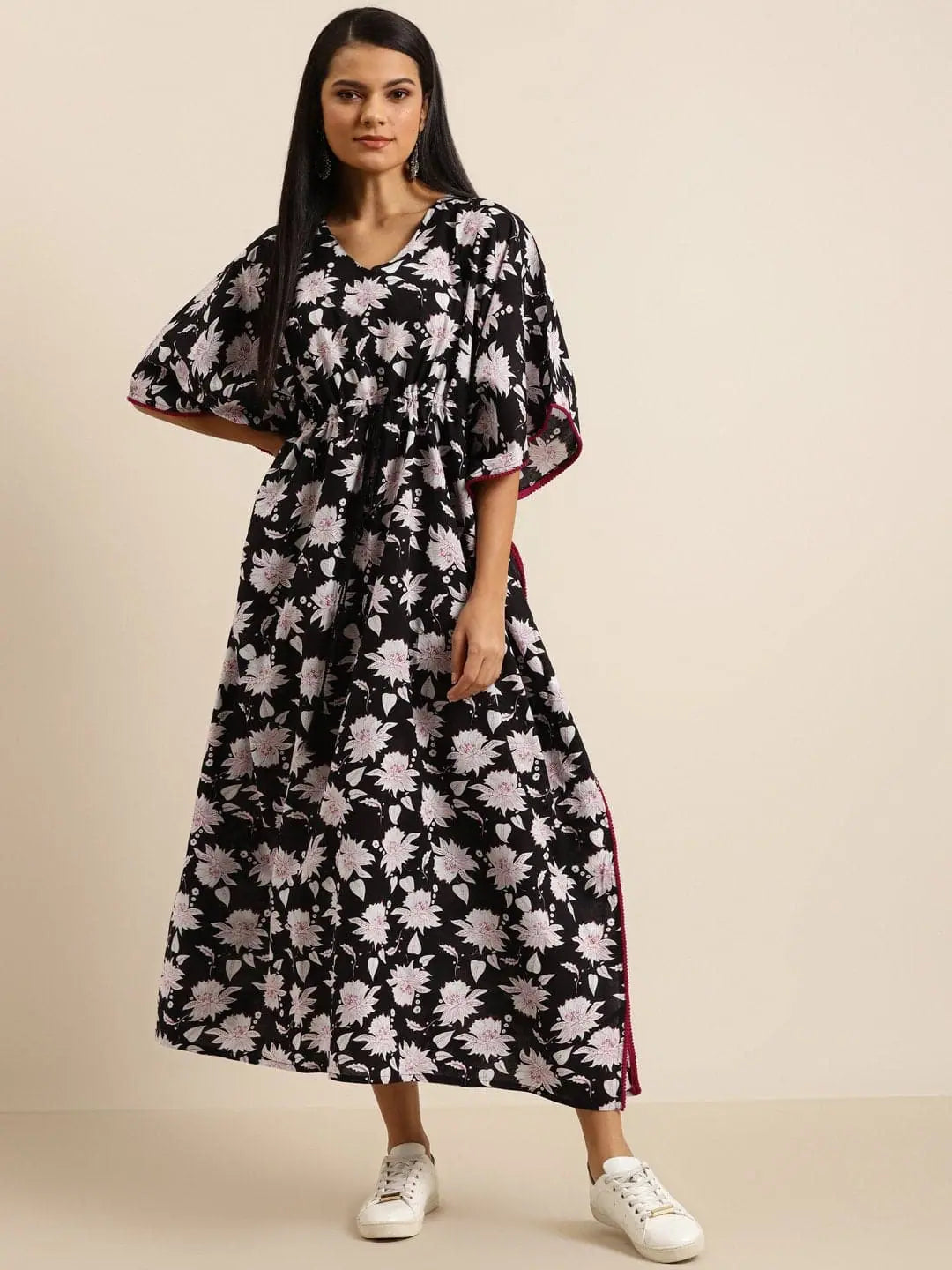 Sustainable Women's Clothing Black Floral Channel Drawstring Kaftan Dress