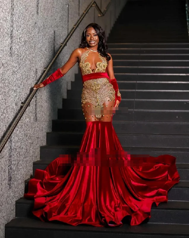 Charming Women's Outfit For Special Occasions Luxury Red Beaded Mermaid Prom Dresses For Black Girls Crystal Formal Wedding Party Gowns Belt Elegant Evening robes de soirée