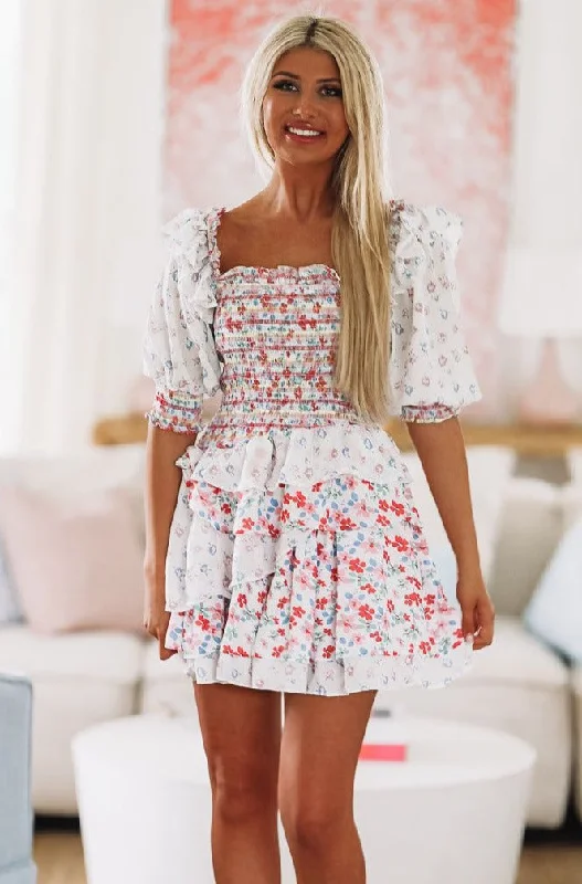 Women's Clothes Bright Sunshine Day Mini Dress - White Floral