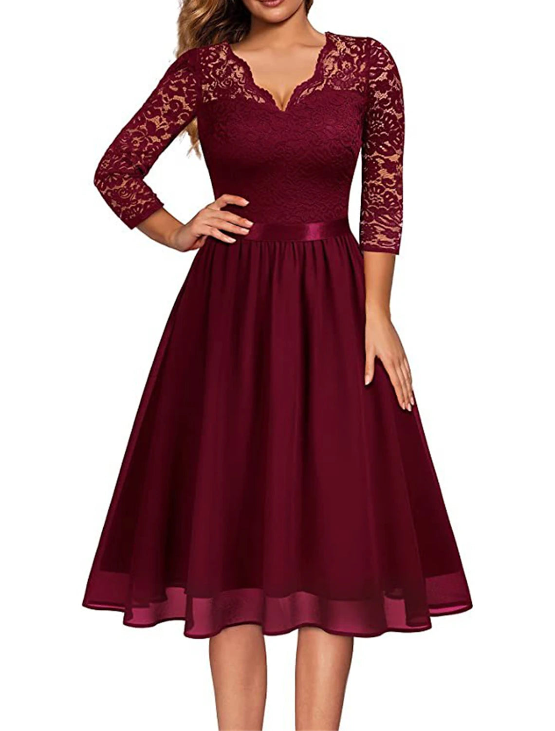 Women's Evening Outfit Women's Party Dress Lace Dress Homecoming Dress Midi Dress Black Wine Navy Blue Half Sleeve Pure Color Lace Spring Fall Winter V Neck Fashion Wedding Guest Birthday Vacation