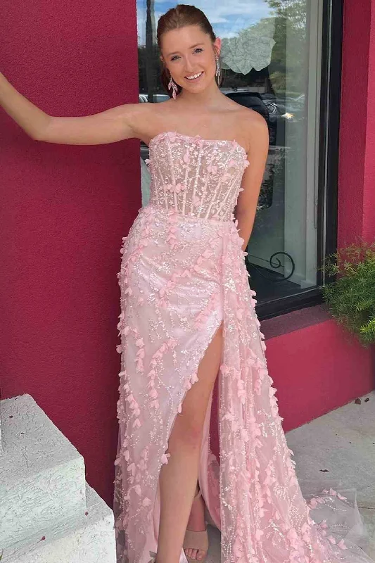 Women's Activewear Apparel Pink Strapless 3D Floral High Slit Mermaid Princess Long Prom Dress