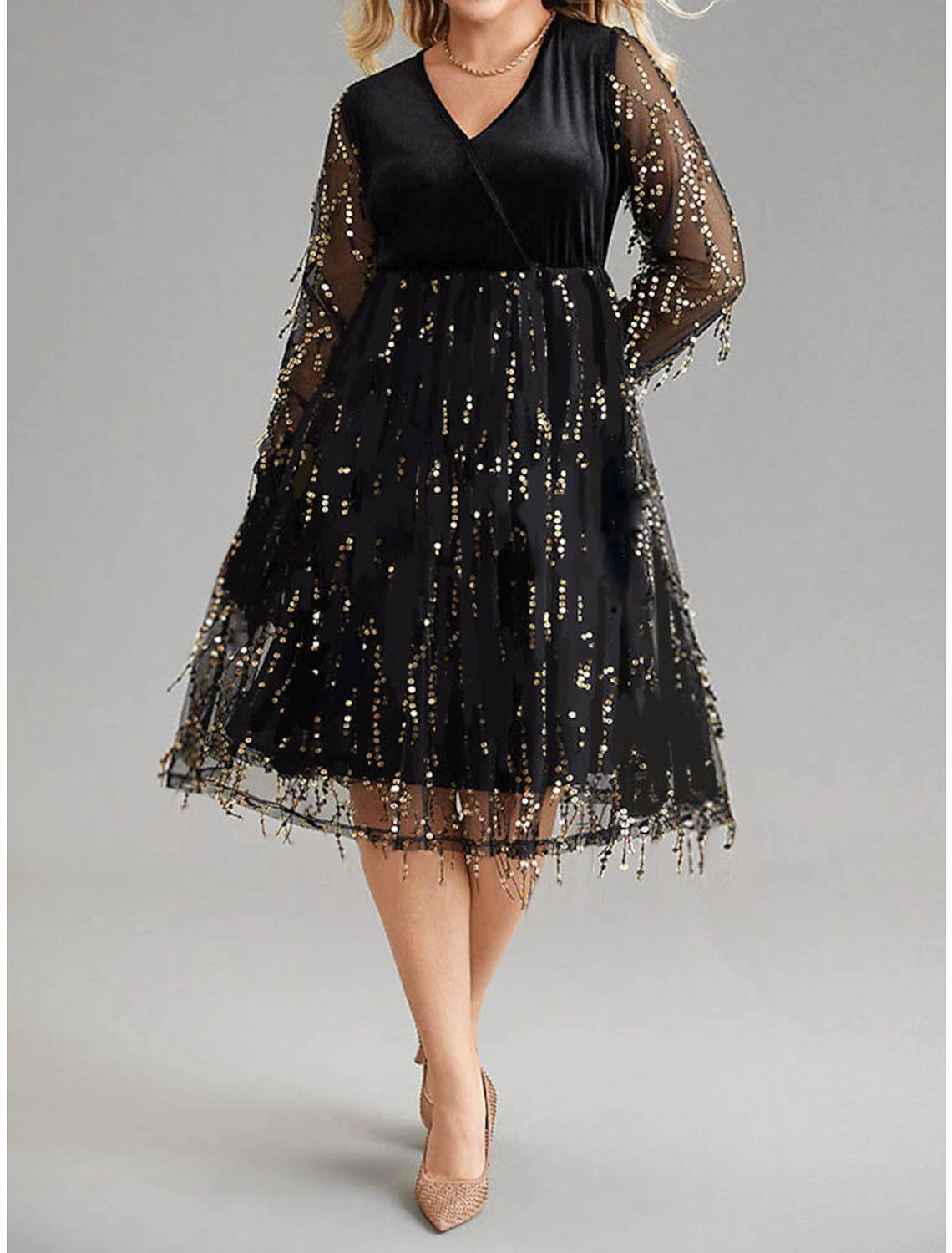 Women's Clothing For Outdoor Events Women's Plus Size Black Dress Velvet Dress Sequin Dress Midi Dress Black Long Sleeve Pure Color Sequins Spring Fall Winter V Neck Fashion Winter Dress Wedding Guest Birthday