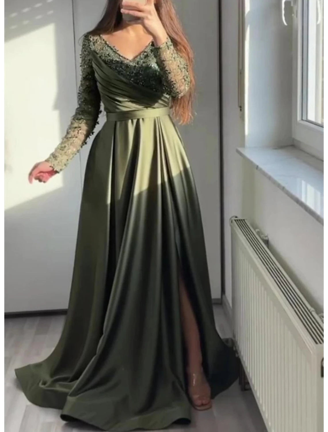 Women's Transitional Attire A-Line Prom Dresses Luxurious Dress Formal Wedding Guest Court Train Long Sleeve V Neck Charmeuse with Ruched Sequin Slit