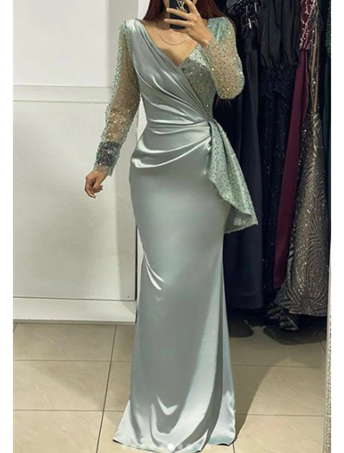 Plus-Size Women's Garments Mermaid / Trumpet Evening Gown Sparkle & Shine Dress Formal Wedding Guest Floor Length Long Sleeve V Neck Fall Wedding Guest Charmeuse with Ruched Pearls