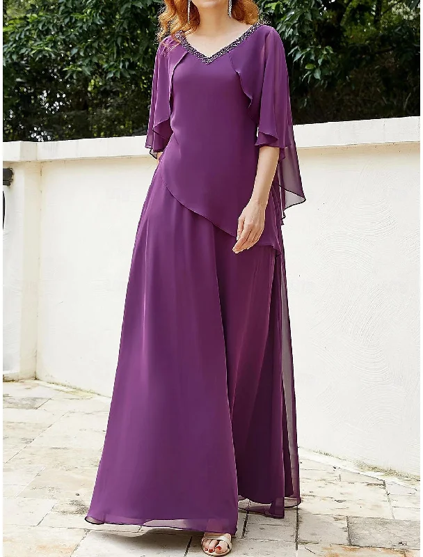 Stylish Women's Clothing Wedding Guest Elegant V Neck Floor Length Chiffon Half Sleeve with Beading Mother of the Bride Dress