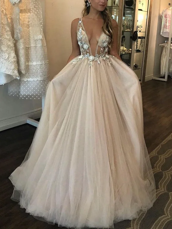 Women's Clothing For Special Occasions Deep V-neck Beaded Tulle Prom Dresses, Elegant Floral 2020 Newest Long Prom Dresses