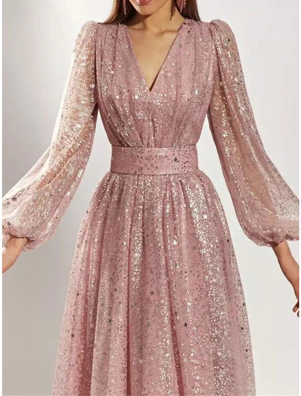 Affordable Women's Outfit Women's Sequin Dress Party Dress Homecoming Dress Midi Dress Light Pink Pink Blue Long Sleeve Pure Color Sequins Spring Fall Winter V Neck Fashion Winter Dress Wedding Guest Birthday