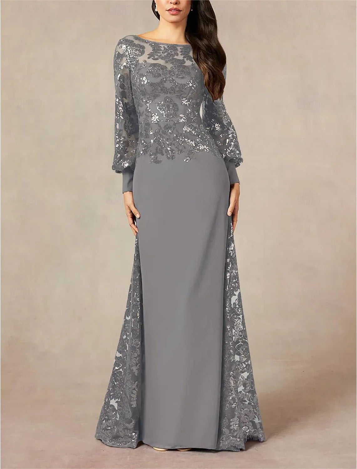 Women's Casual Wear Clothing Formal Wedding Guest Elegant Jewel Neck Floor Length Chiffon Sequined Long Sleeve with Sequin Mother of the Bride Dress