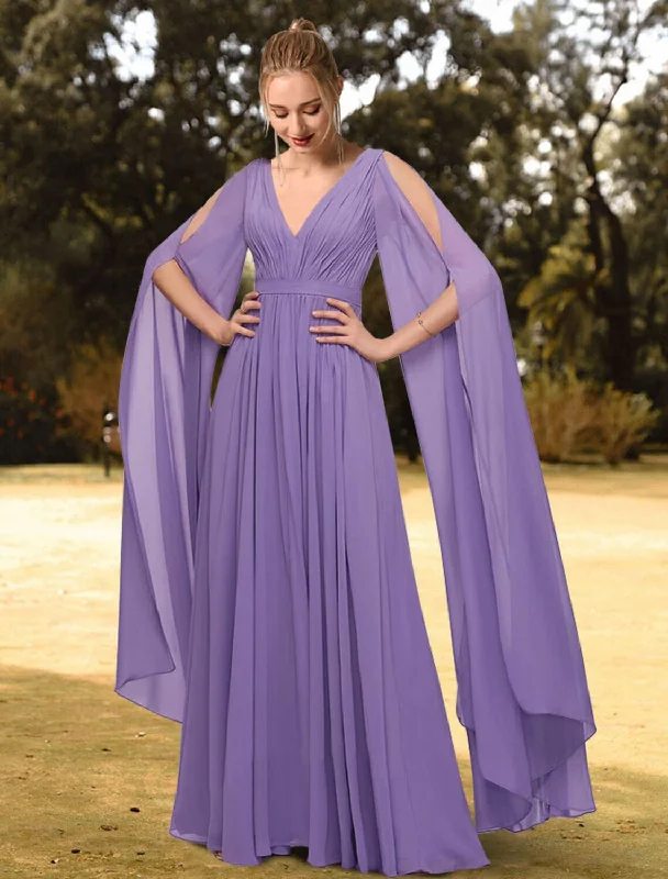 Women's Outerwear Garments A-Line Evening Gown Empire Dress Wedding Guest Floor Length Long Sleeve V Neck Chiffon with Pleats Pure Color