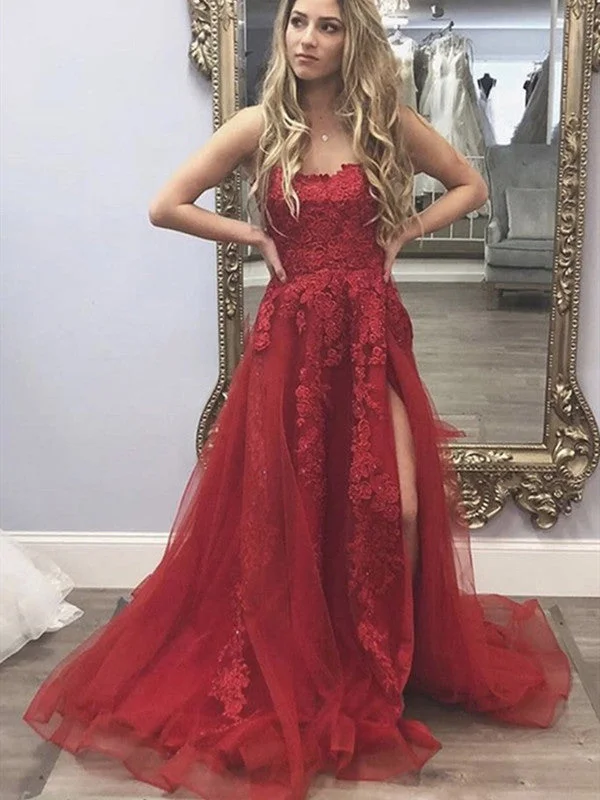 Women's Clothing Sets High Side Slit Burgundy Long Prom Dresses, Lace Floral A-line 2021 Prom Dresses