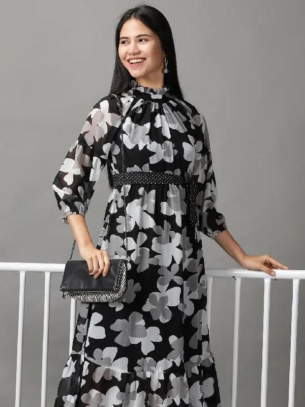 Women's Relaxed Outfit Women's Black Floral Fit and Flare Dress-AE-15610-Black