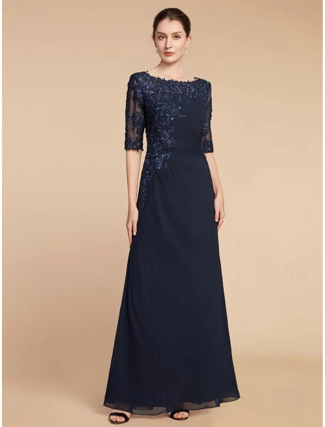 Women's Formal Event Clothing Column Wedding Guest Elegant Scoop Neck Ankle Length Chiffon Lace Half Sleeve with Sequin Solid Color Mother of the Bride Dress 