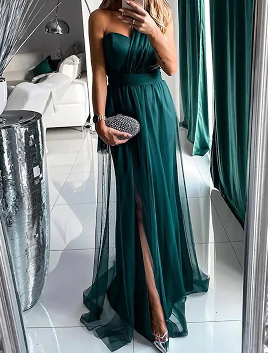 Women's Outerwear Garments A-Line Wedding Guest Dresses Sexy Dress Wedding Guest Prom Sweep / Brush Train Sleeveless One Shoulder Polyester with Pleats Slit